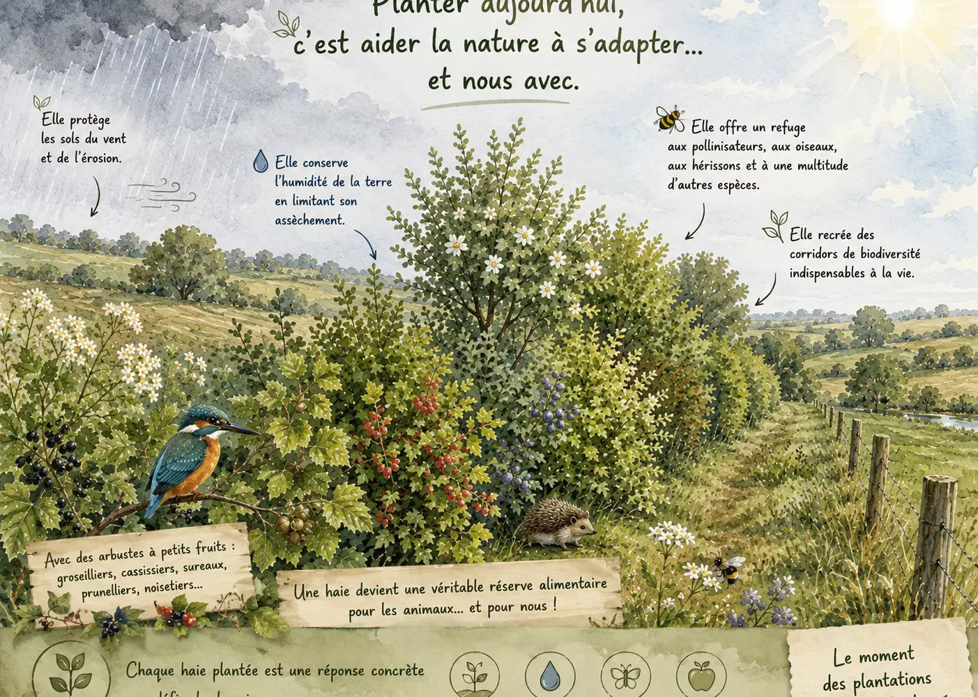 Haie riche et diversifiée le long d'un chemin, et sa biodiversité