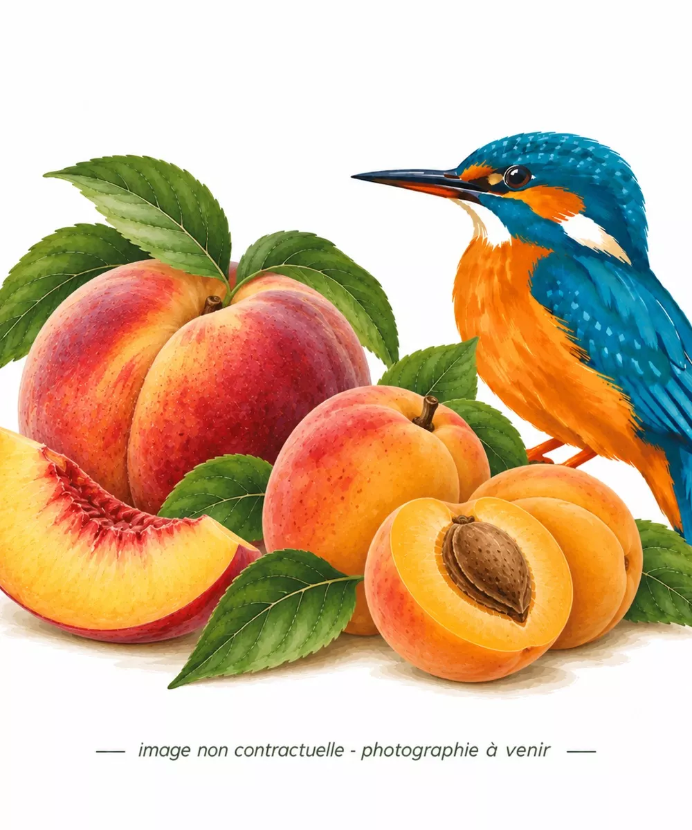 Dessin d'abricots et d'un martin-pêcheur, image non contractuelle
