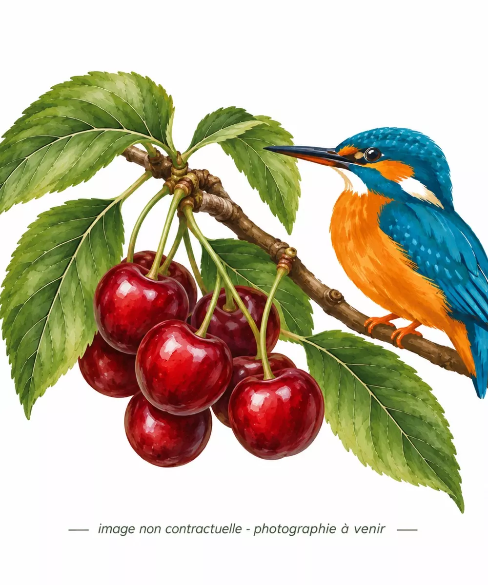 Dessin de cerises et d'un martin-pêcheur, image non contractuelle