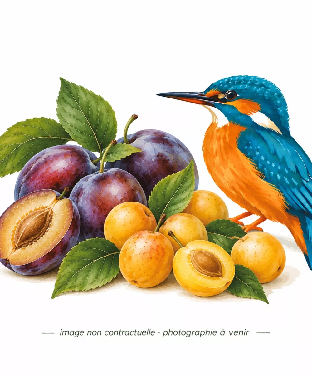 Dessin de prunes et d'un martin-pêcheur, image non contractuelle