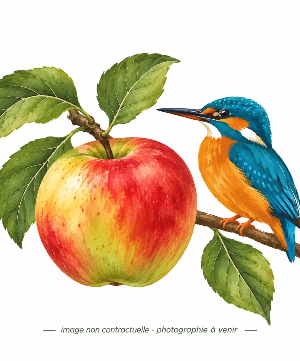 Dessin de pommes et d'un martin-pêcheur, image non contractuelle